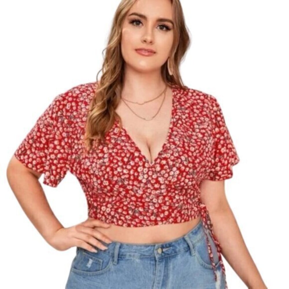 [Shein] Plunging V-neck Floral Crop Top - Size S